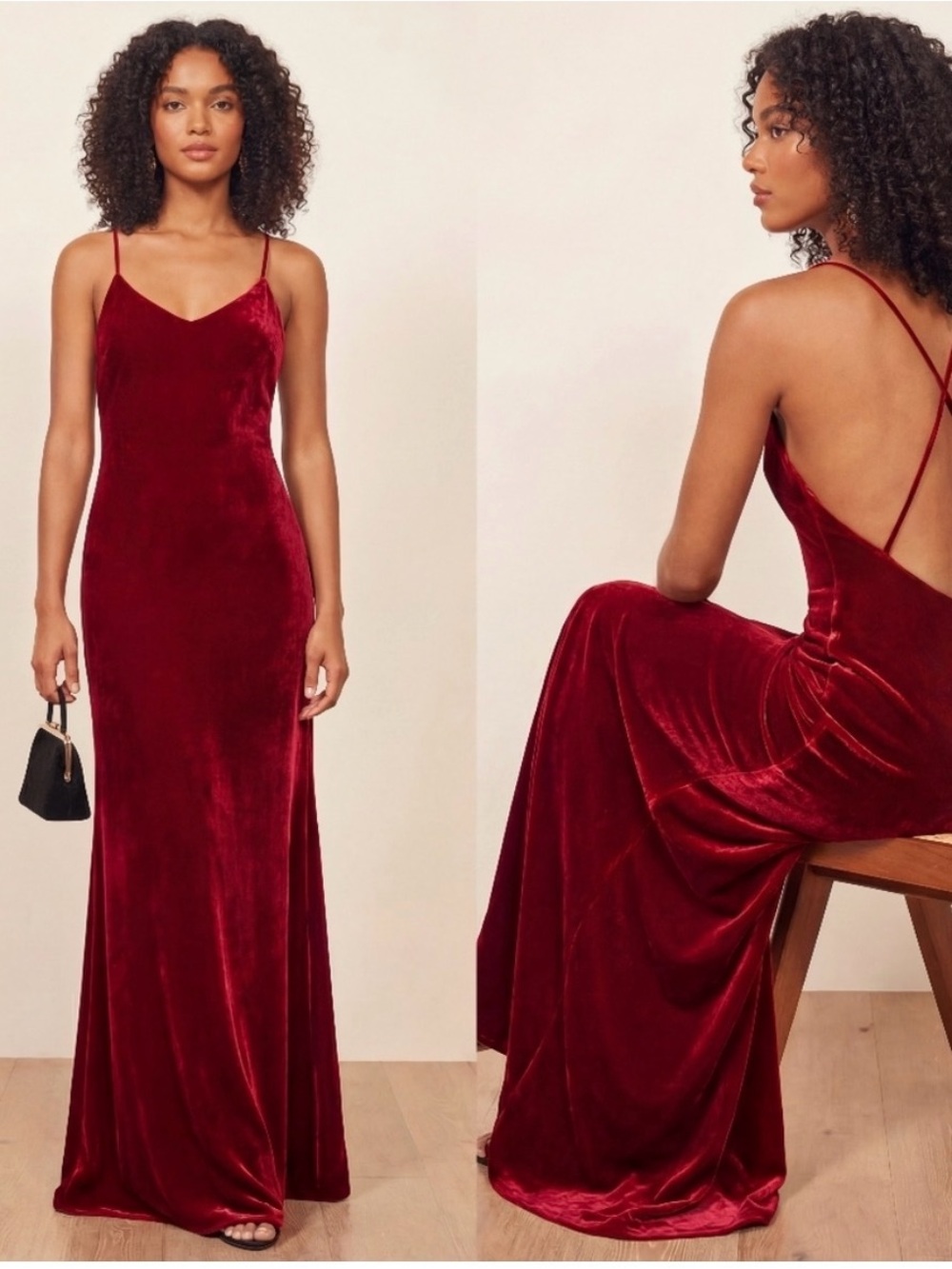 Reformation Rimini Burgundy Velvet Spaghetti-Strap Maxi Dress